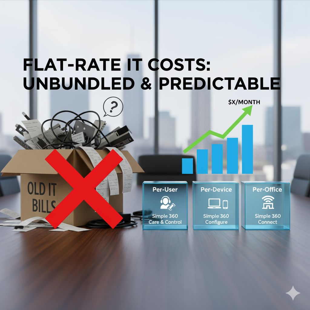 A concept image contrasting two IT pricing models. One side shows a confusing, tangled mess of cables and bills, marked with a red X. The other side shows four clear, unbundled flat-rate service blocks labeled 'User,' 'Device,' 'Security,' and 'Office,' representing a predictable monthly cost.